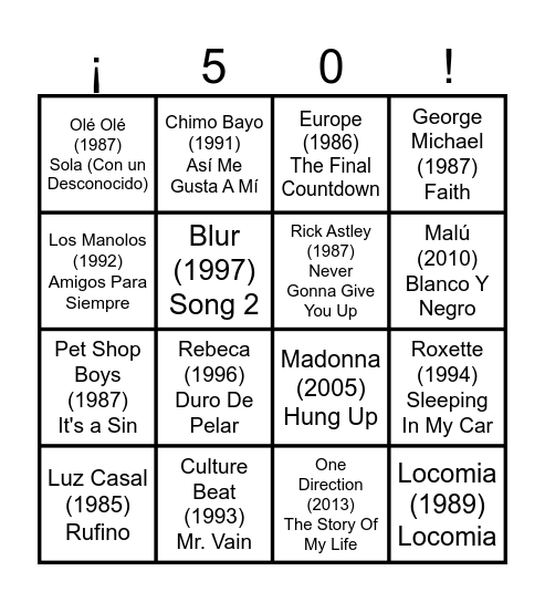 50 Bingo musical Bingo Card