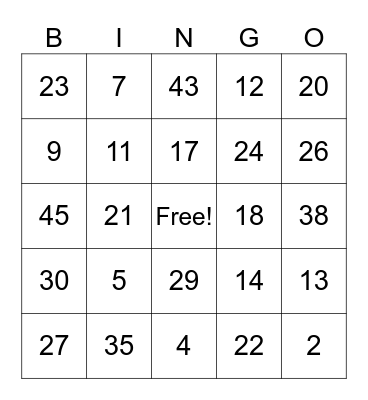 Bingo Musical Bingo Card