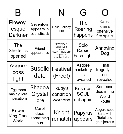 Yet Another Deltarune Chapter 5 Bingo Card