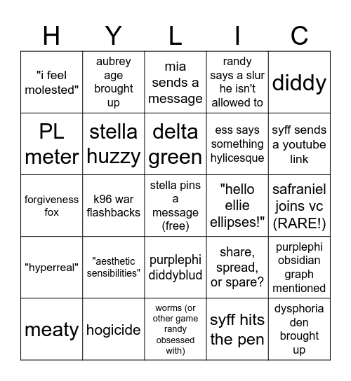 hylic bingo Card