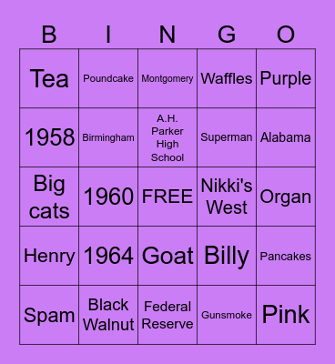 Bernice's Birthday Bingo Card