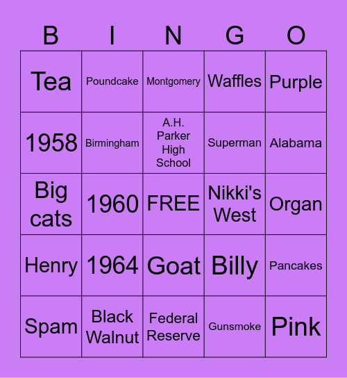 Bernice's Birthday Bingo Card