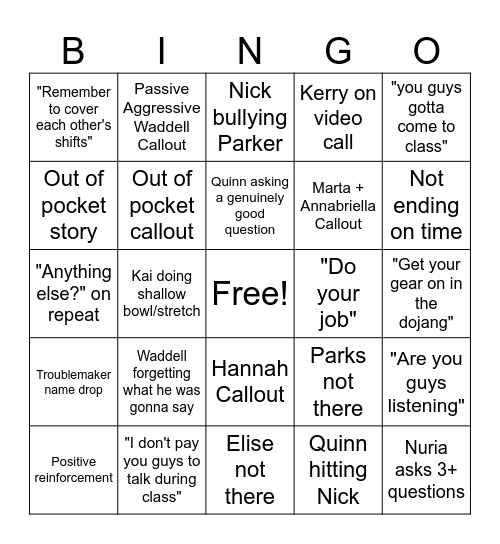 Staff Meeting Bingo Card