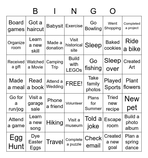 Spring Break Bingo Card