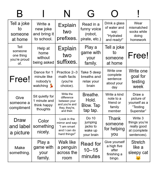 Test Week Superstars Bingo Card