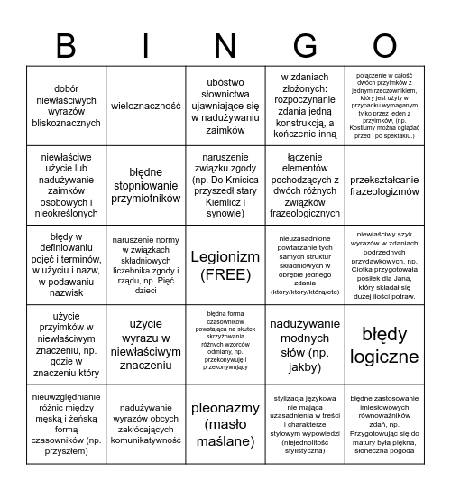 Błędy Językowe Bingo Card
