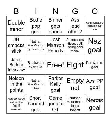 Avs Vs Blues Bingo Card