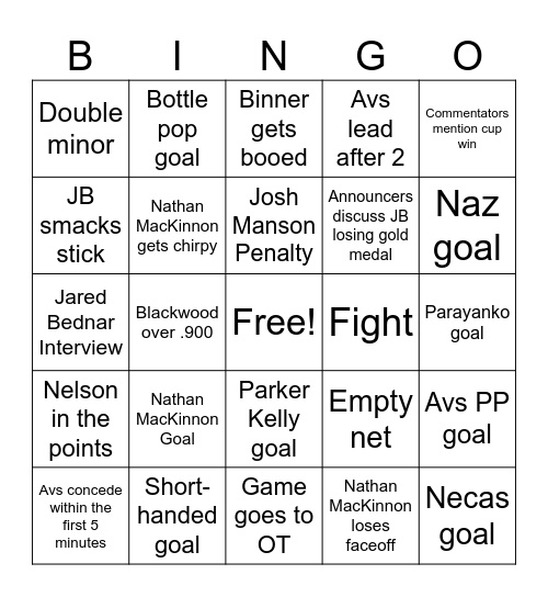 Avs Vs Blues Bingo Card