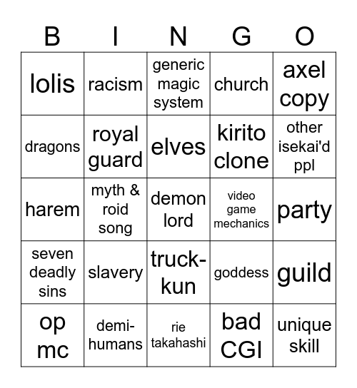 TRASHY ISEKAI BOARD Bingo Card
