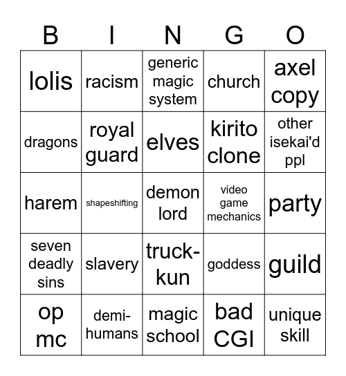 TRASHY ISEKAI BOARD Bingo Card