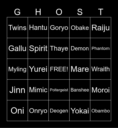 Phasmophobia Ghost Bingo Card