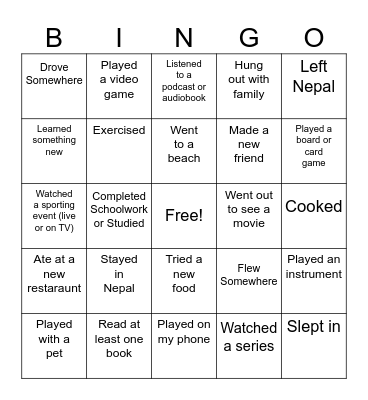Post-Spring Break Bingo Card