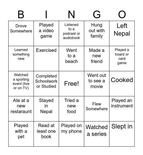 Post-Spring Break Bingo Card