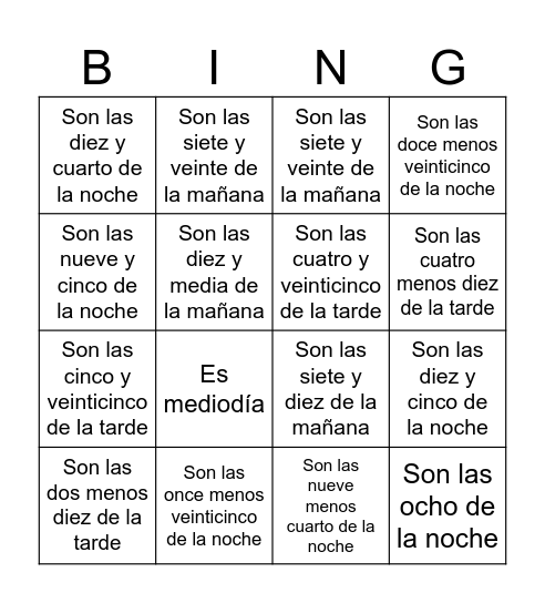 ¿Qué hora es? am-pm Bingo Card