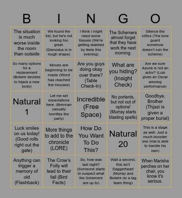 Critical Role- Campaign 4 Episode 22 Bingo Card