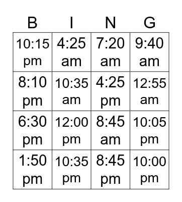 ¿Qué hora es? am-pm Bingo Card