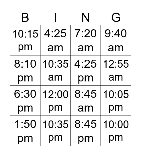 ¿Qué hora es? am-pm Bingo Card