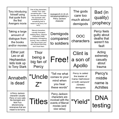Percy Jackson/Avengers Fanfiction Bingo Card