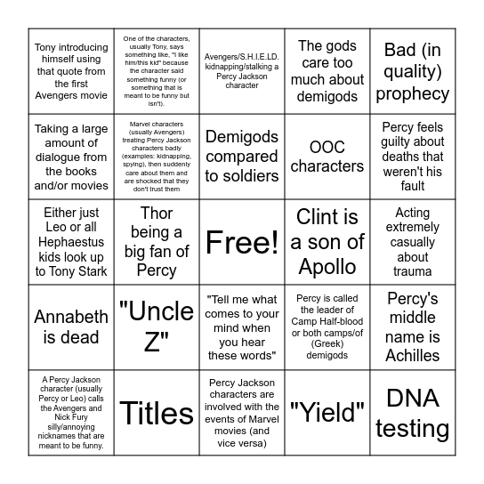 Percy Jackson/Avengers Fanfiction Bingo Card