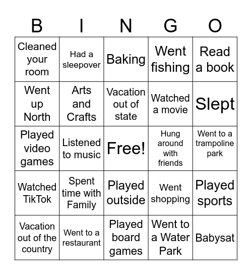 Spring Break Bingo Card