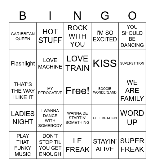 70's & 80's Dance Bingo Card