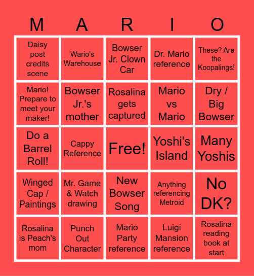 Super Mario Galaxy Movie Bingo Card