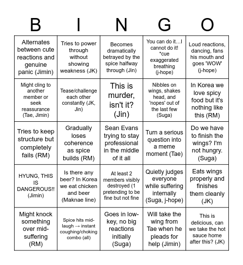 BTS Hot Ones Bingo Card
