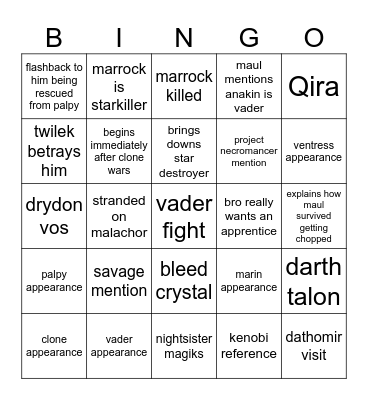 Maul Bingo Card