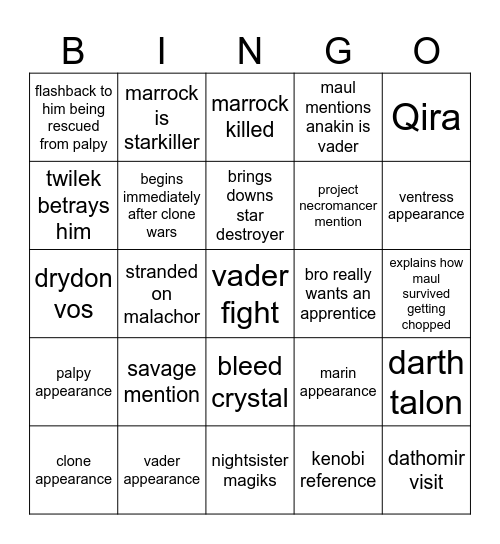 Maul Bingo Card