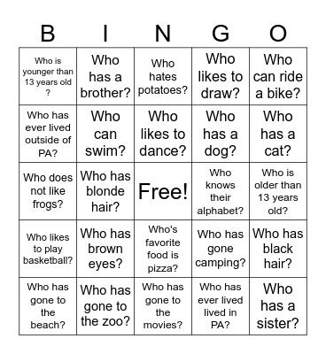 About Me! Bingo Card