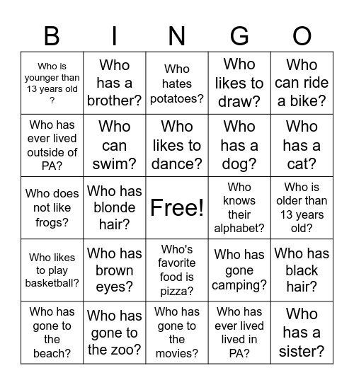 About Me! Bingo Card