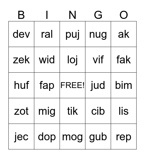 Nonsense Words Bingo Card
