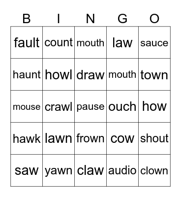 OW-OU-AU-AW words Bingo Card