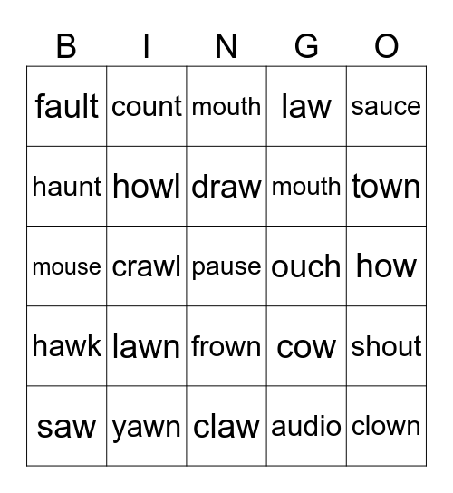 OW-OU-AU-AW words Bingo Card