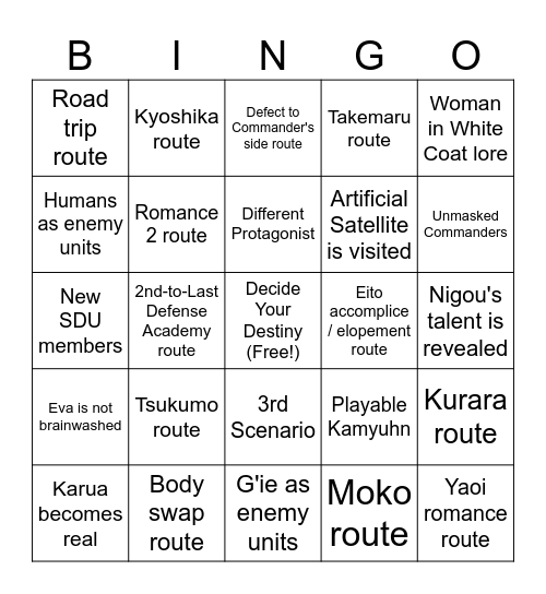 Hundred Line DLC Bingo Card