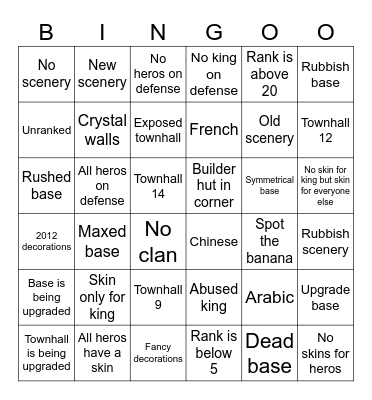 Clash of clans Bingo Card