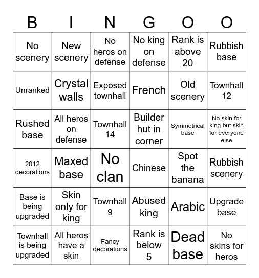 Clash of clans Bingo Card