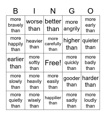 Comparative Adverbs Bingo Card