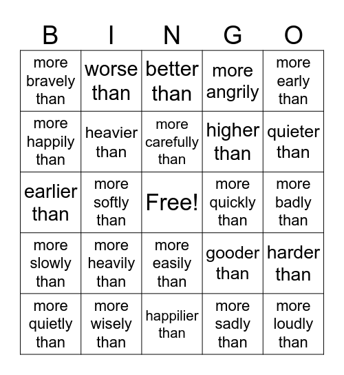 Comparative Adverbs Bingo Card