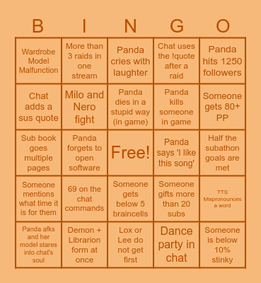 Panda's Subathon Bingo Card