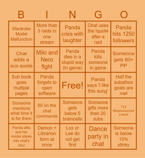 Panda's Subathon Bingo Card