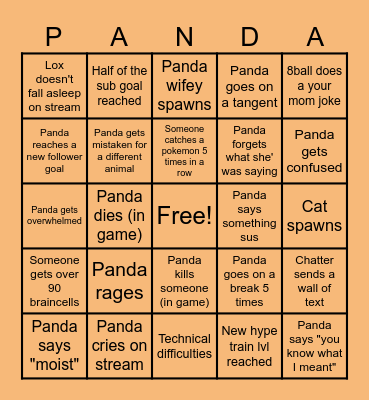 Panda's Subathon Bingo Card