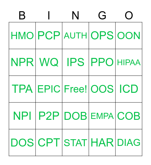 PRE-ACCESS Bingo Card