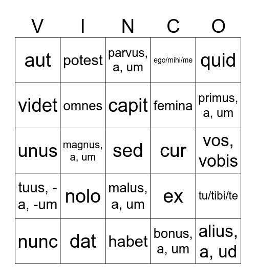 Latin 1 Vocab Trial 7 Bingo Card
