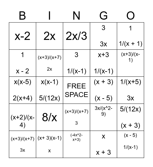 RATIONAL EXPRESSIONS BINGO Card