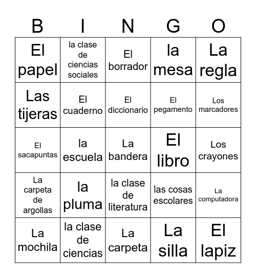 Spanish Bingo Card