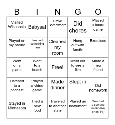 Post-Spring Break Bingo Card