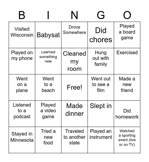 Post-Spring Break Bingo Card