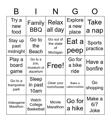 Spring Break Bingo! Bingo Card