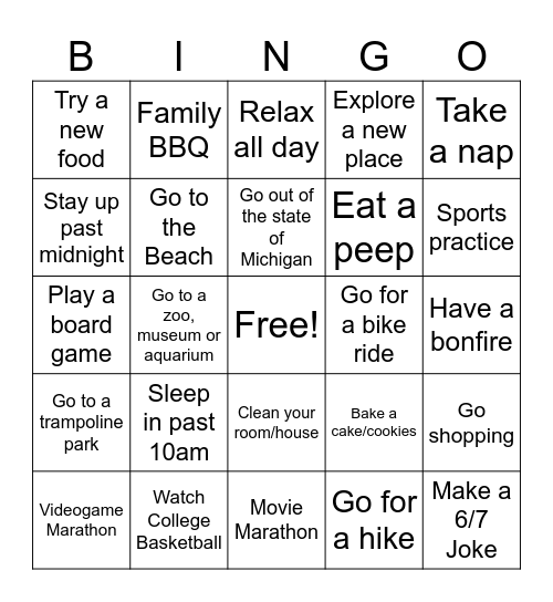 Spring Break Bingo! Bingo Card